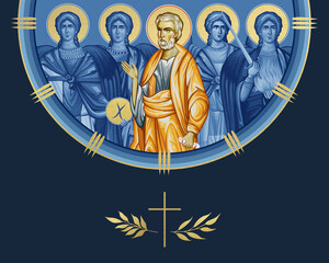 Obraz premium Saint Peter the Apostle and four cardinal points (Archangel Gabriel, Uriel, Raphael and Michael). Illustration in Byzantine style isolated