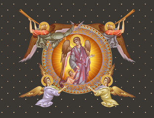 Obraz premium Guardian angel with a kid. Decorative vintage illustration with angels in Byzantine style