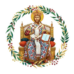 Obraz premium The Jesus Christ the greatest Bishop sitting on the throne. Decorative vintage floral wreath, illustration in Byzantine style isolated