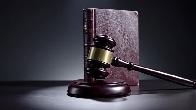 Justice and Legal Authority Still Life inspired by law book and gavel symbolism, minimalist dark matte backdrop with a single closed legal volume standing upright and a gavel positioned in front