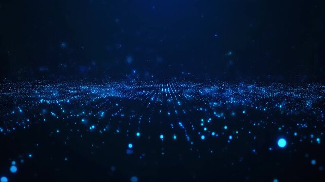 Seamless looping sparse blue glowing particles cinematic drifting darkness digital dust luminous refined visuals motion gradient glow
