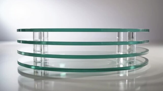 Glass Platform Layers \'96 transparent stacked display stage, a minimalist studio scene featuring multiple circular glass platforms stacked vertically with precise spacing, crystal-clear material