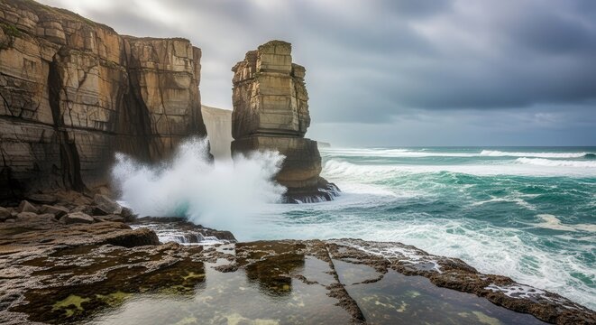 Majestic Ocean Cliffs with Crashing Waves and Stormy Sky
