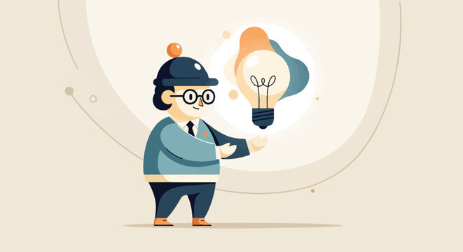 Person in a hat and glasses presents a glowing idea bulb with colorful abstract shapes