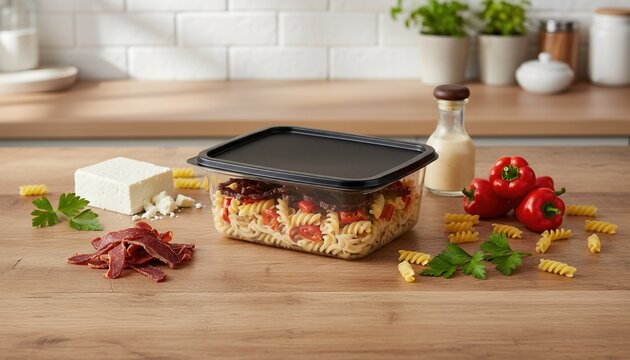 Biltong and peppadew pasta salad in unbranded packaging on wood