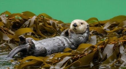 Obraz premium Adorable Otter Relaxing on Seaweed in Coastal Habitat