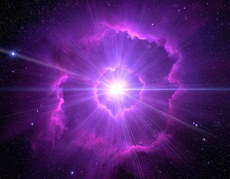 Bright purple cosmic explosion with radiant light bursts and distant stars in a deep space background.
