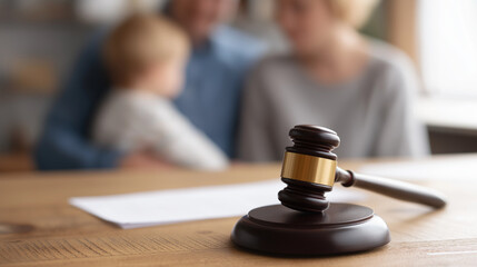 Gavel on a wooden table with blurred parents and child in background, representing family law, divorce, custody battles, child protection, and adoption legal processes, copy space