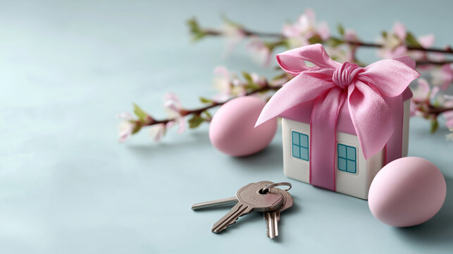 House model wrapped in a pink ribbon with keys, pastel eggs and cherry blossoms on a light blue background, symbolizing gifting, new home ownership and spring real estate, copy space