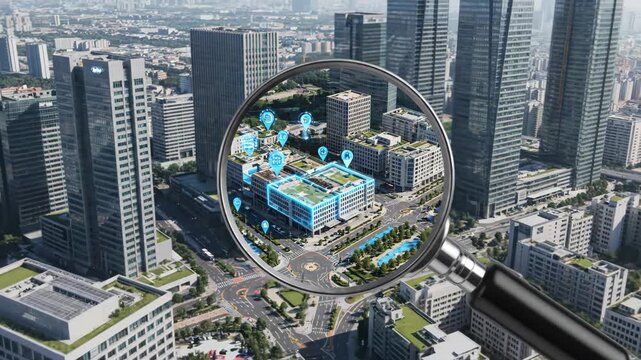 Video of urban landscape viewed through magnifying glass symbolizing city research, property market analysis, geographic data inspection and strategic planning concept for corporate presentations.