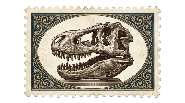 Vintage postage stamp with detailed T-Rex dinosaur skull illustration in ornate frame