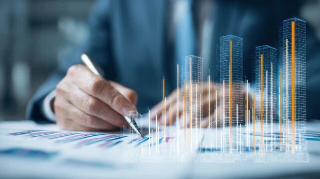 Financial Foresight: A focused professional meticulously analyzes charts and graphs, the details of business performance, reflecting analytical precision and strategic planning. 