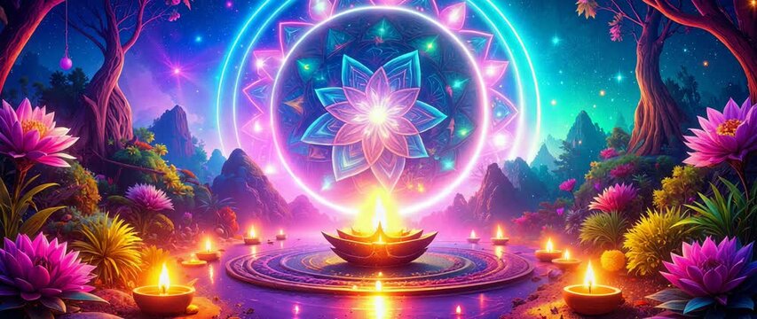 Mindfulness And Spiritual Journey Concept Lotus Flowers Candles And Glowing Mandala In Fantasy Landscape.
