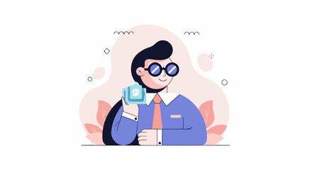 Obraz premium Person in glasses holding a camera, with abstract shapes and plants