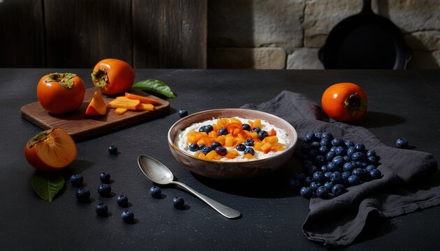 Dark moody yogurt bowl with blueberries and persimmon