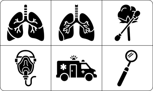 A collection of medical icons in silhouette mode, featuring lungs, ambulance, magnifying glass, and more, representing healthcare and medical concepts.