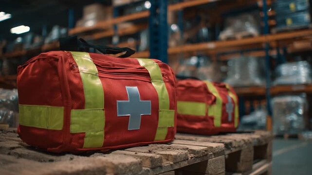 26High-visibility emergency medical bags used by response team during rescue drills, reflective markings, medical symbols, open compartments with advanced first aid tools, warehouse