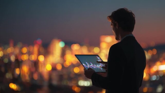 Business Vision at Dusk: A focused professional, silhouetted against a breathtaking cityscape bathed in the soft glow of twilight, analyzing data on a digital tablet, embodying ambition and foresight.