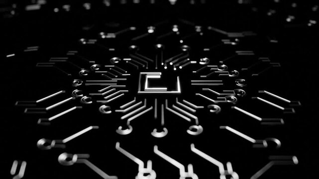 3D engineering design of an electronic circuit board with a processor featuring a seamless metal pattern and hardware icons for industrial business illustration