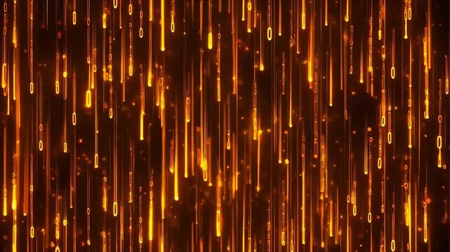 Seamless looping sparse glowing orange binary rain cinematic scattered particle bursts smooth flowing vertical lines luminous refined visuals motion gradient glow
