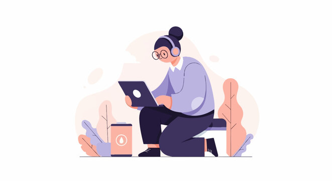 Person in headphones with laptop and drink, surrounded by plants