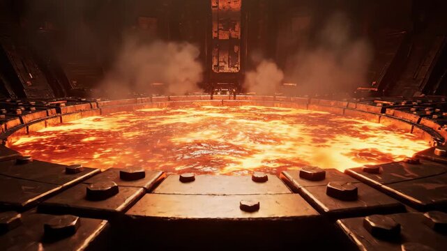 Fiery Circular Platform \'96 energy core technology scene, a dark industrial chamber with a massive circular platform embedded in the floor, its inner ring glowing with intense molten orange