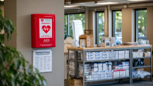 35Emergency preparedness scene with wall-mounted AED and instructional signage, cabinet surrounded by gloves, face shield, first aid supplies, and emergency contact board, clean publ