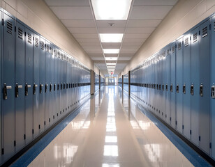 Obraz premium Long hallway lined with blue lockers, polished floor reflecting light, bright overhead lighting, empty and quiet atmosphere.