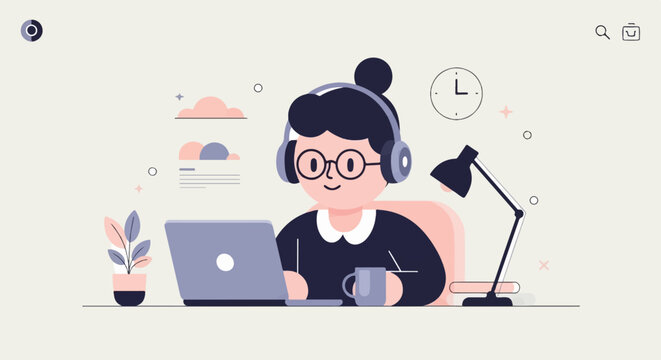 Person in headphones works at a laptop with a desk lamp and plant