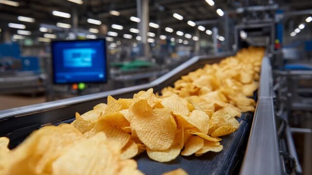 269Macro shot of snack packaging line with chips on conveyor, machinery above processing snacks, metal textures and reflective surfaces visible, crisp textures emphasized, industrial