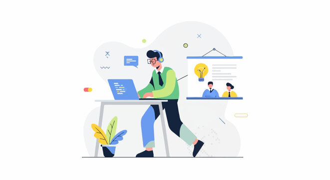 Person in headphones works on laptop near presentation screen