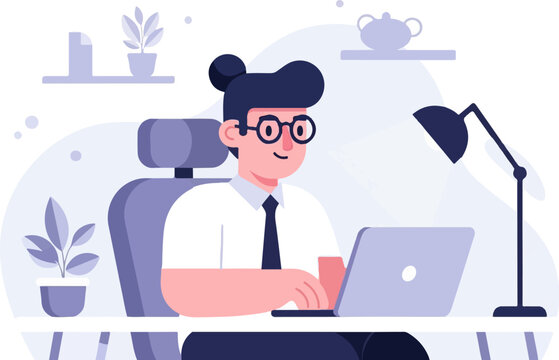 Person in office attire working on laptop at desk with plants and lamp