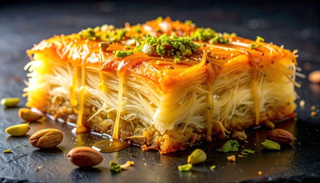 Delicious Kanafeh Dessert with Pistachios and Syrup Drizzle.