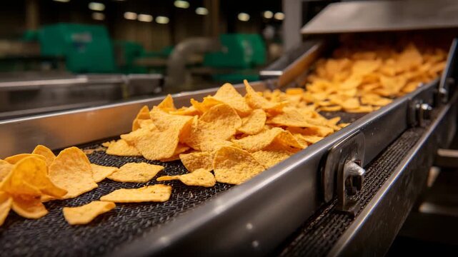 271Close-up of crackers moving under automated snack processing equipment, stainless steel conveyor details visible, crisp golden textures of snacks, industrial manufacturing, food fa