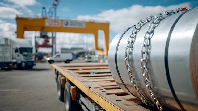275Close-up of heavy steel coils on truck trailer, chains and securing straps in sharp focus, logistics and manufacturing supply chain context, highway background slightly blurred, in