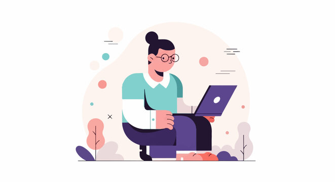 Person in round glasses and bun with laptop