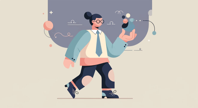 Person in stylish attire holding molecular structure, with abstract shapes and lines