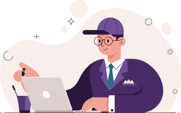 Person in suit and cap working on laptop with minimalist abstract background elements