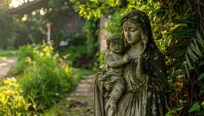 Fototapeta premium Weathered Virgin Mary and Child Statue in Lush Green Garden.