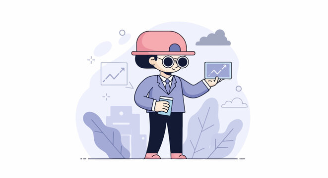 Person in suit and hat holds tablet with graph, coffee cup