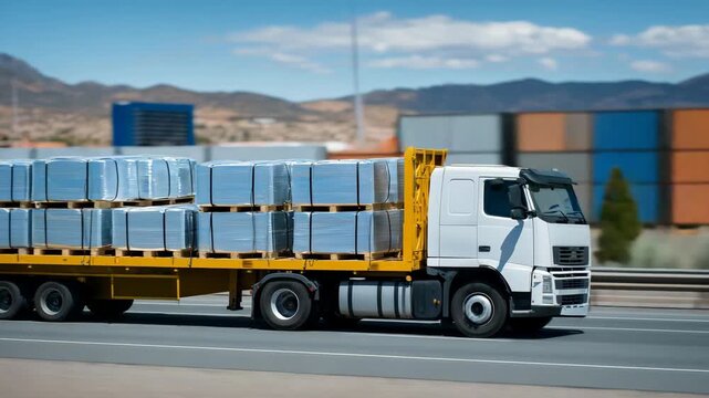 282Wide-angle view of truck loaded with metal steel coils, industrial cargo, chains and straps in focus, logistics and supply chain operation, heavy-duty vehicle on road, daylight, pr