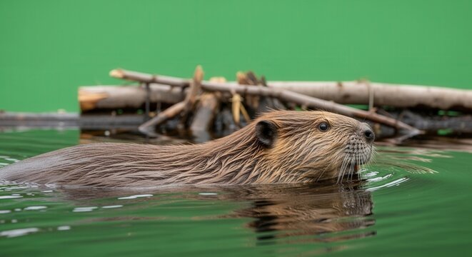 Close-Up of a Nutria or Coypu Swimming in Freshwater with Green Background