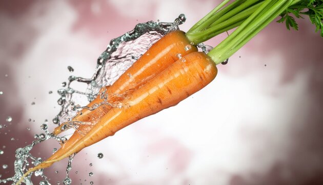 Fresh carrots with green tops being splashed with water against a soft pink background.