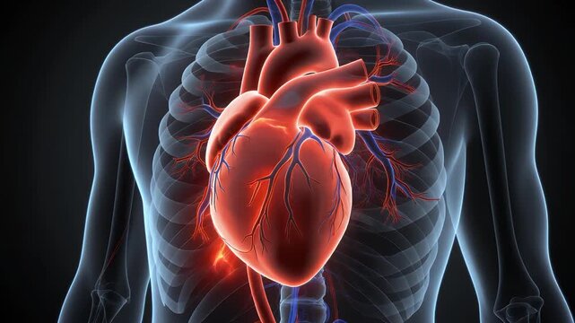 Human body with a glowing red heart and visible ribcage from a front viewpoint