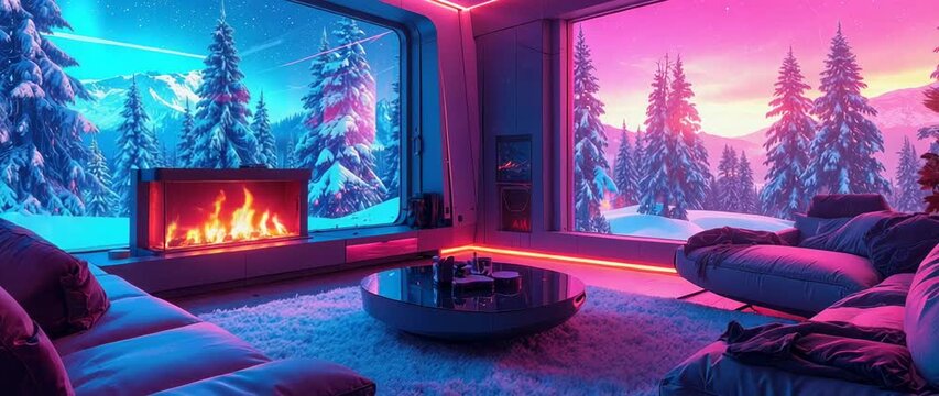 Winter Retreat And Cozy Home Concept Interior Of Modern Living Room With Fireplace And Snowy Mountain View Neon.