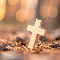 Wooden Cross Symbolizing Faith and Spirituality in a Natural Outdoor Setting.