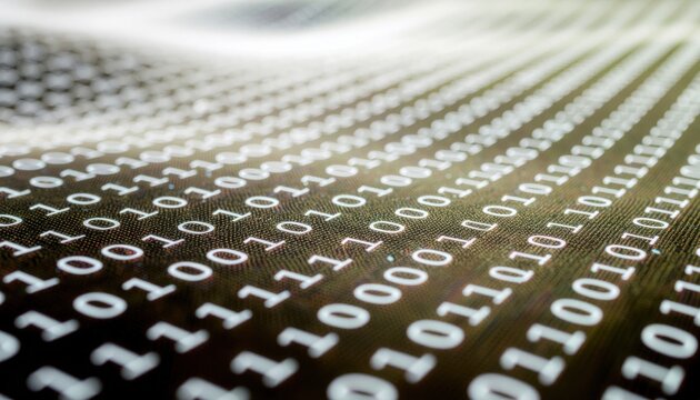 Rows of binary code (zeros and ones) displayed on a curved digital surface representing data flow or computing processes.