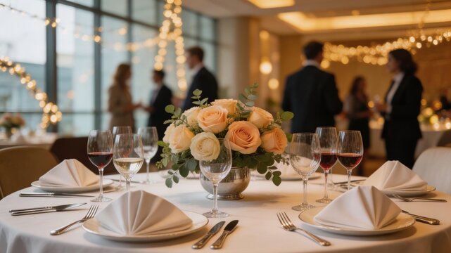Elegant corporate event dinner table setting with crystal glasses and floral centerpiece. Blurred background of business people in suits networking in a luxury modern venue with warm bokeh lights