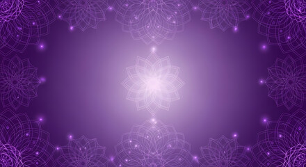 A mystical purple background featuring a brilliant central glowing mandala surrounded by radiating smaller mandalas and shimmering light specks.