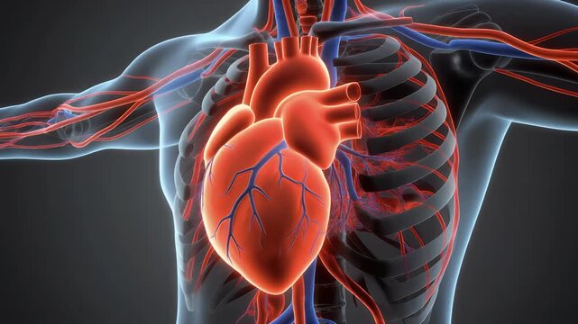 A detailed illustration of a human torso with a glowing red heart and visible veins and arteries.